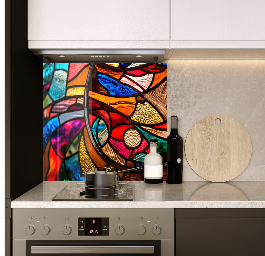 a stove top oven sitting under a stained glass window