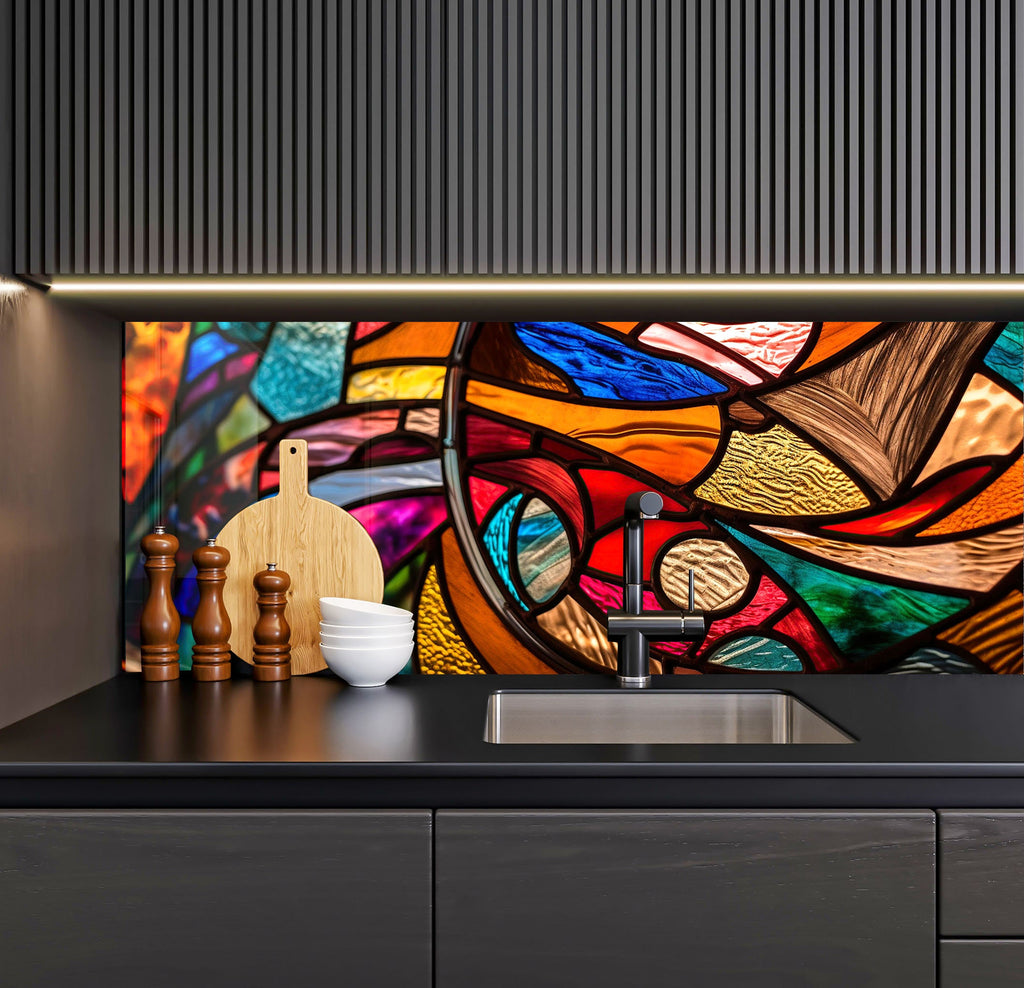 a kitchen counter with a sink under a stained glass window