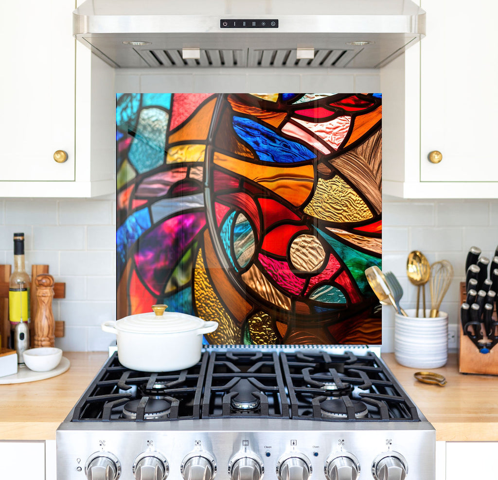 a stove top oven sitting under a colorful painting