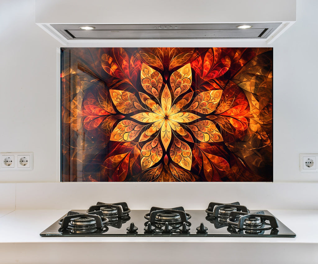 a picture of a flower on a wall above a stove