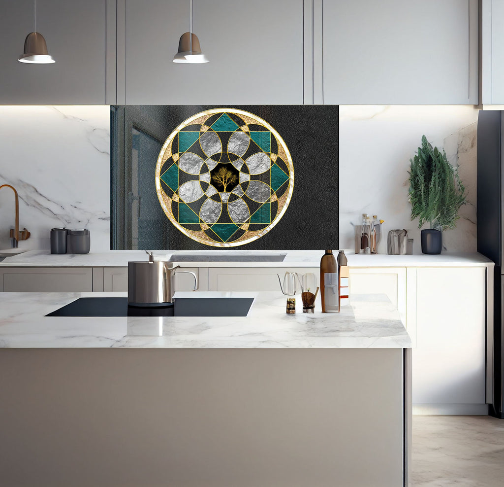 a kitchen with a marble counter top and white cabinets