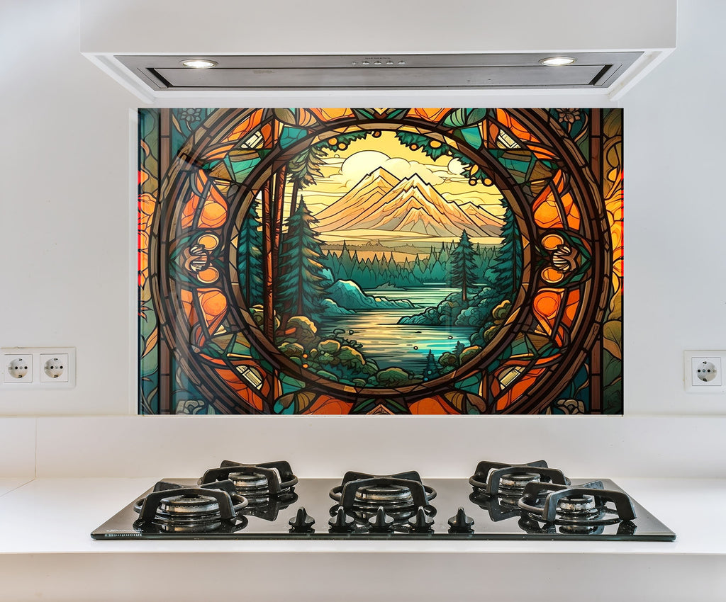 a picture of a painting on a wall above a stove