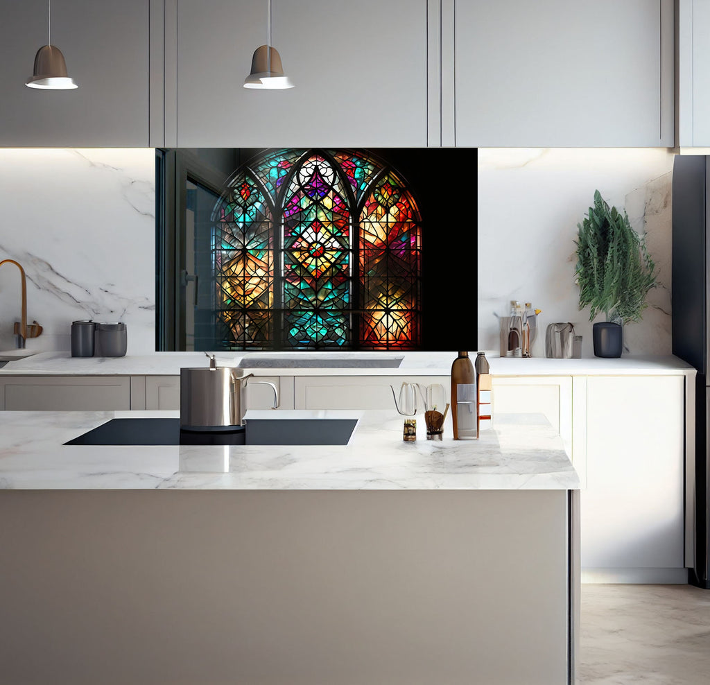 a kitchen with a large stained glass window