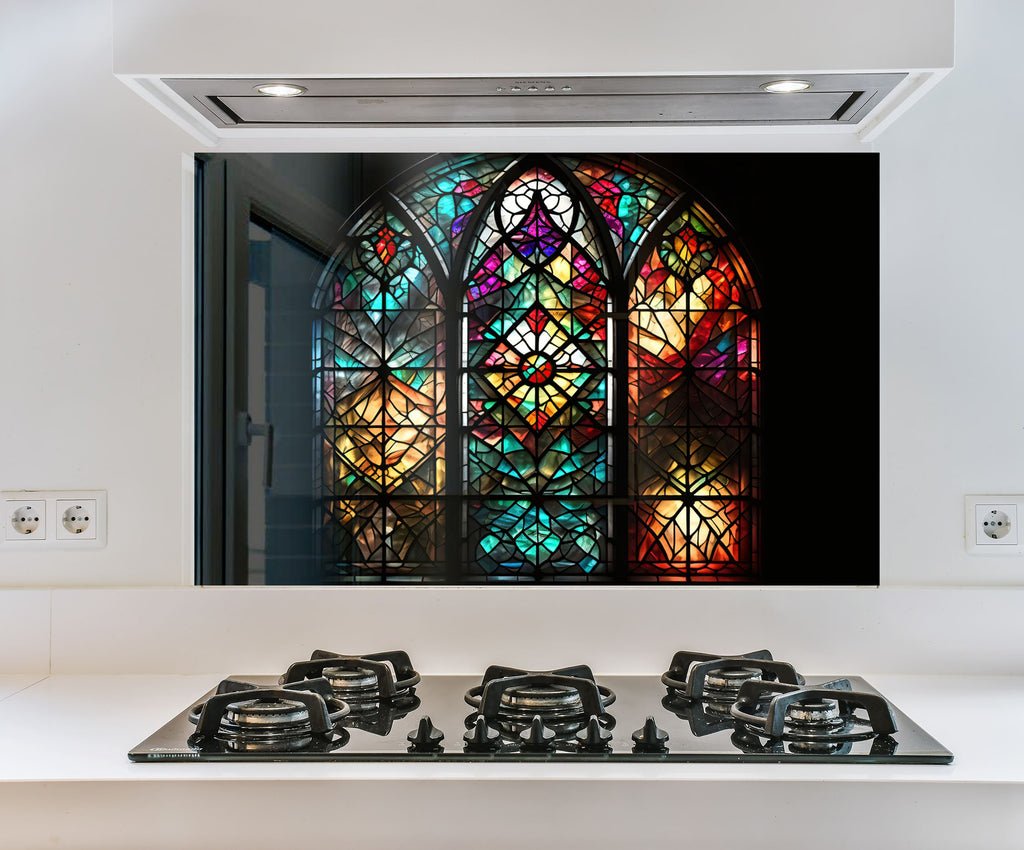 a picture of a stained glass window in a kitchen