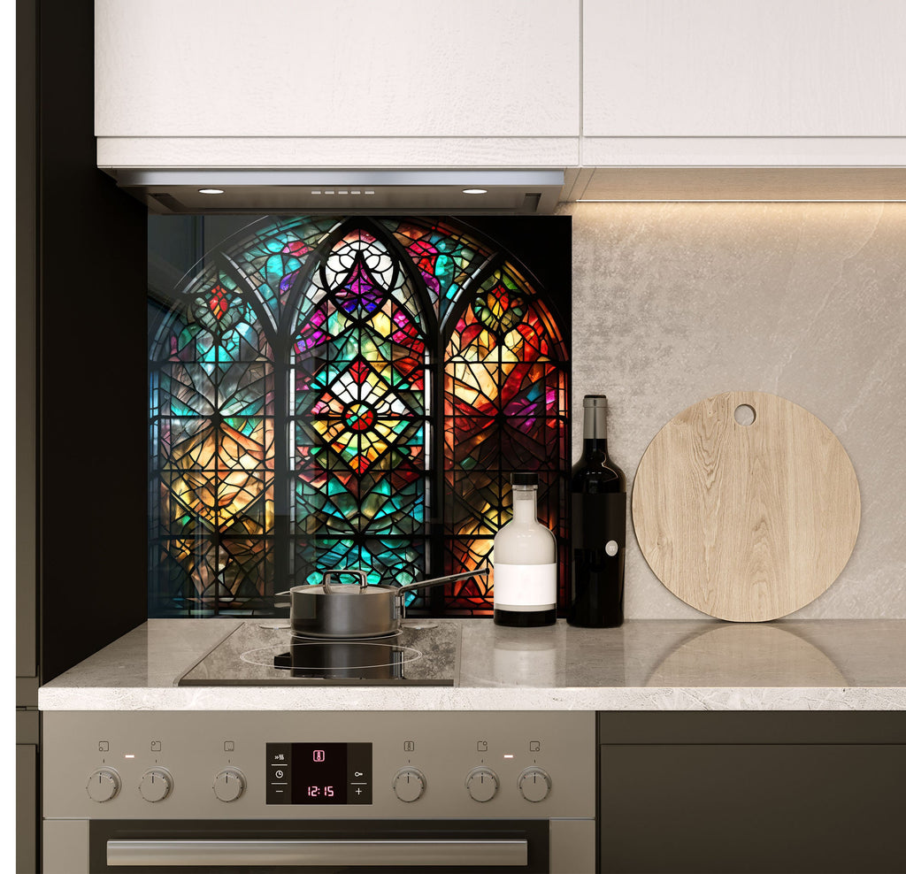 a kitchen with a stove top oven and a stained glass window