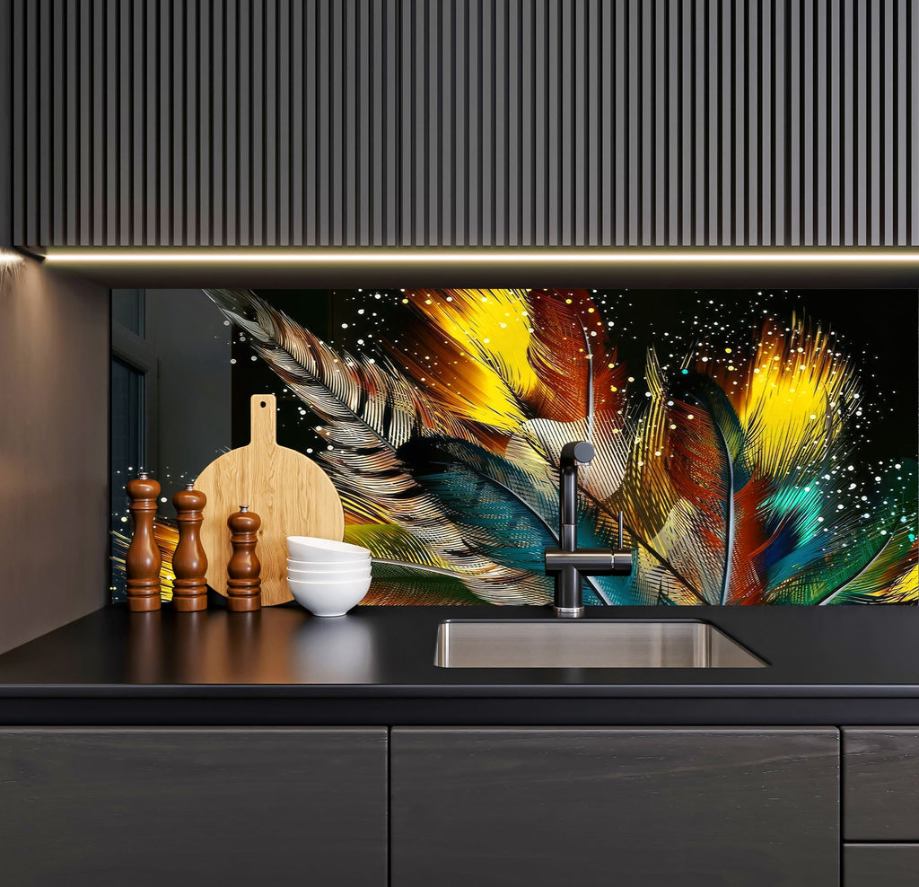 a kitchen with a sink and a painting on the wall