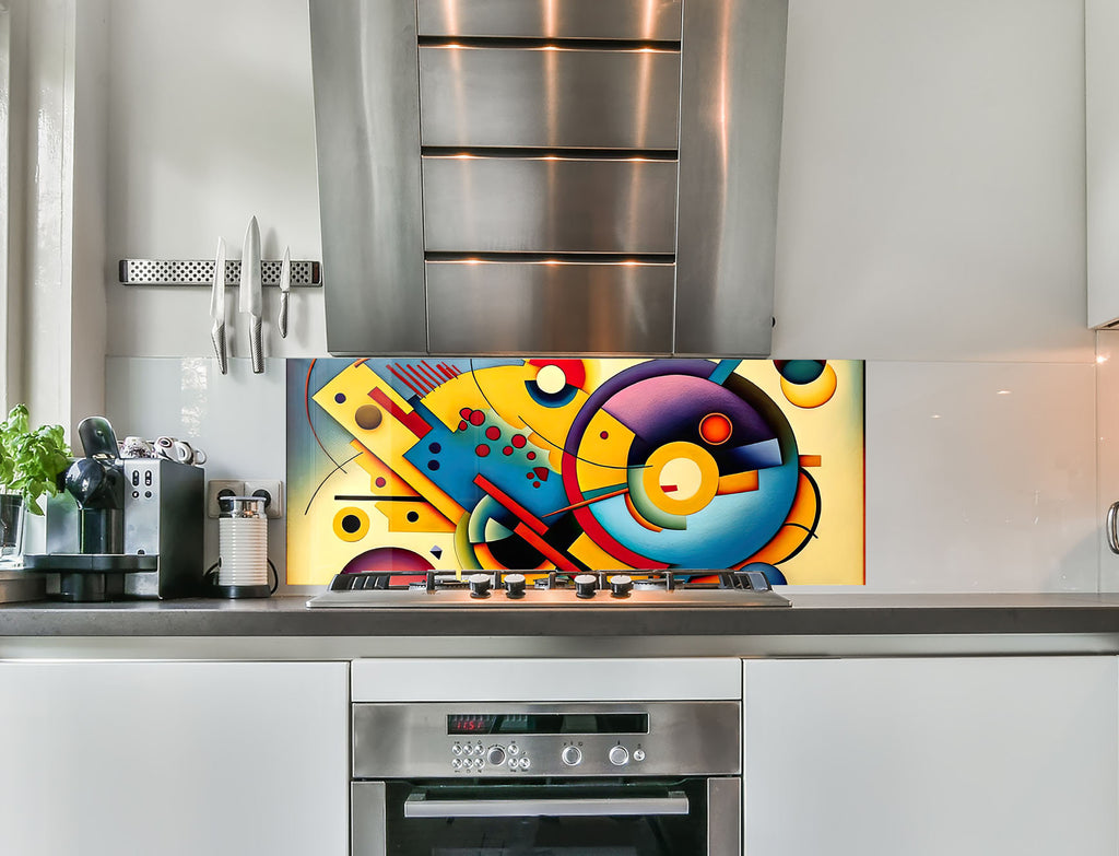 a kitchen with a painting on the wall above the stove