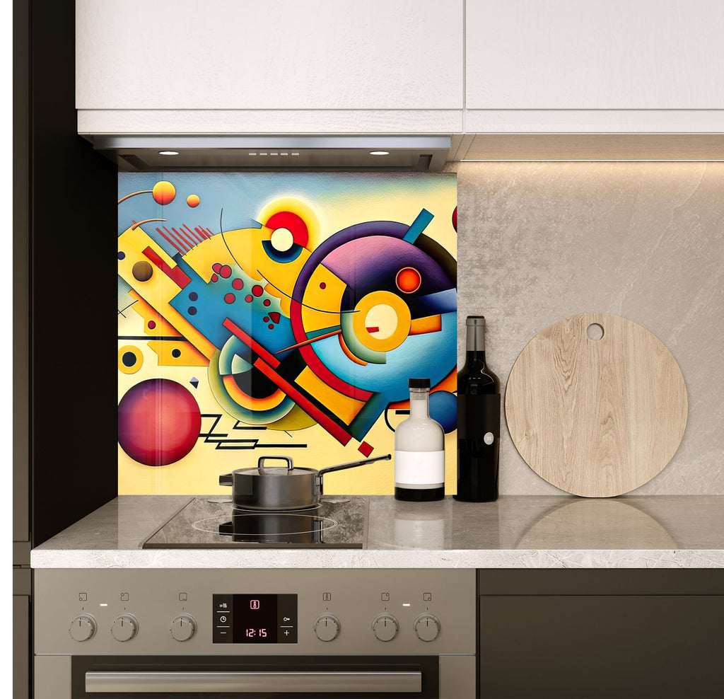 a stove top oven sitting under a painting on a wall