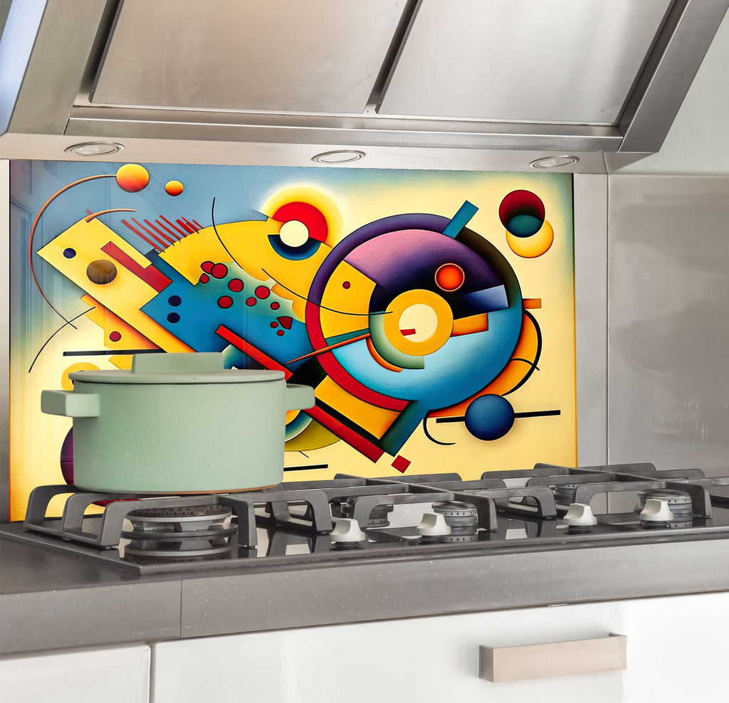 a stove top with a painting on the back of it