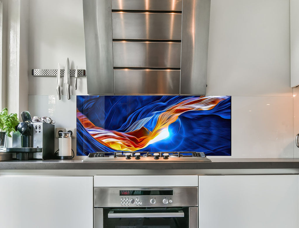 a kitchen with a stove top oven and a painting on the wall