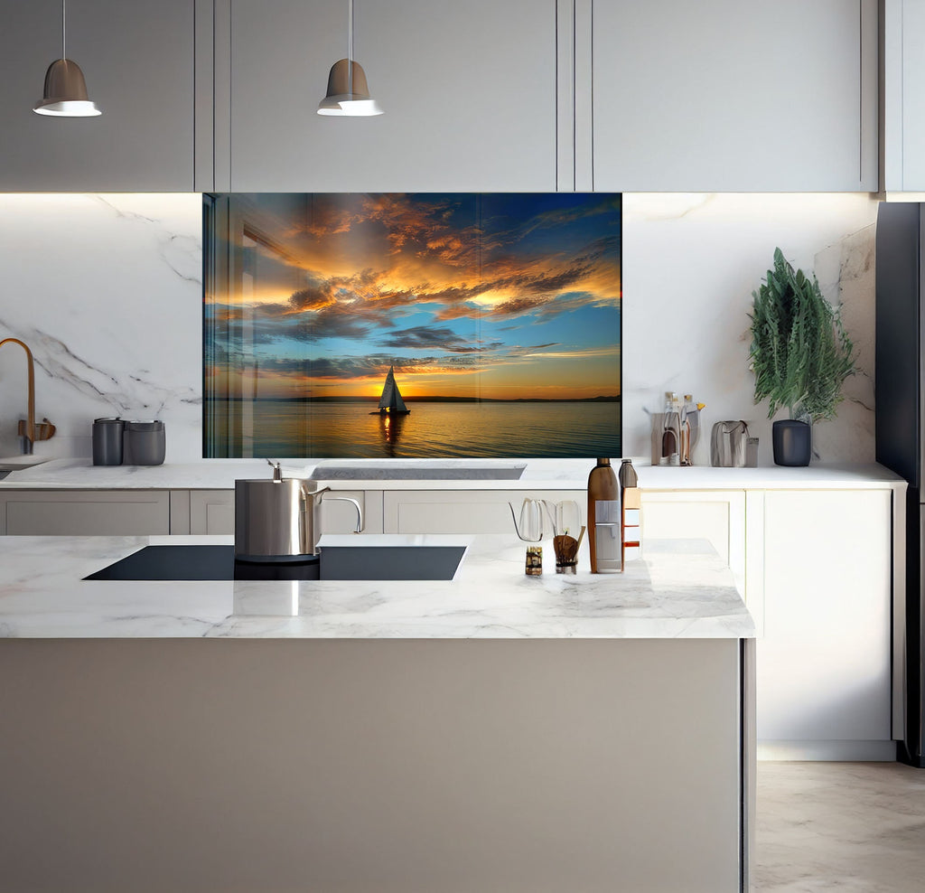 a kitchen with a large picture hanging on the wall