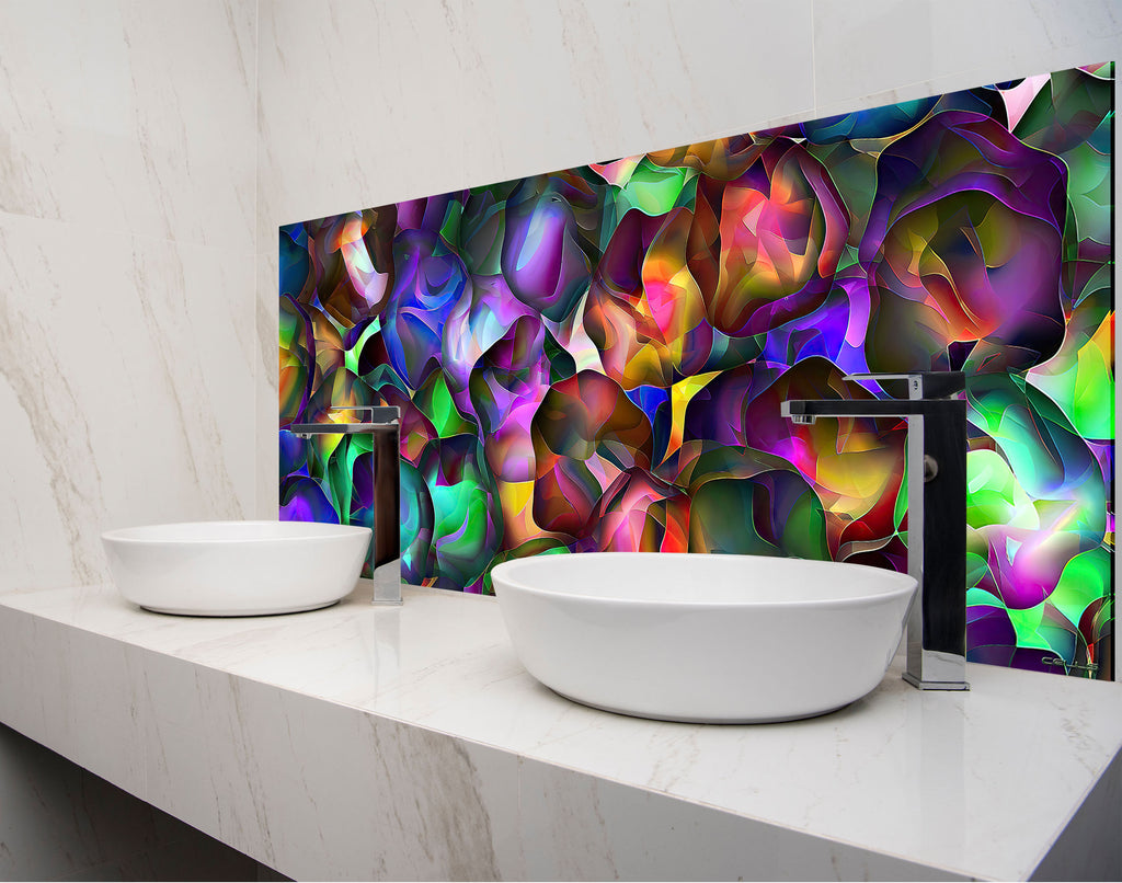 two white bowls on a counter in front of a colorful wall