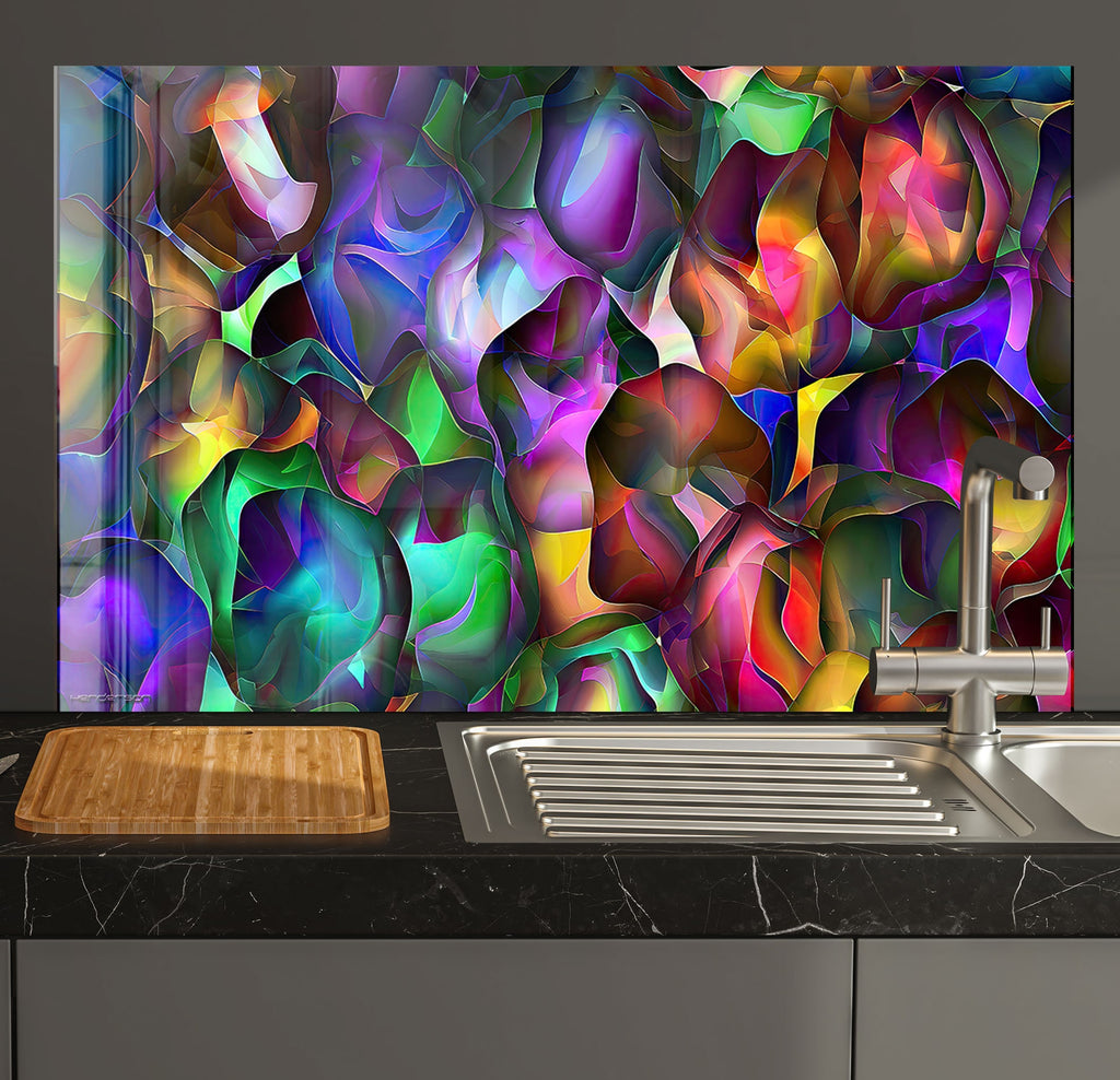 a kitchen counter with a sink and a painting on the wall