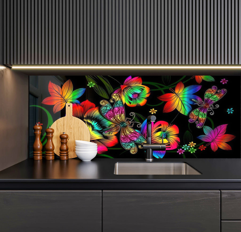 a kitchen with a sink and a colorful wallpaper