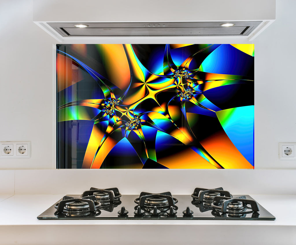 a picture of a multicolored abstract design on a wall above a stove top