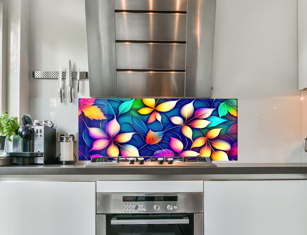 a kitchen with a stove top oven and a painting on the wall