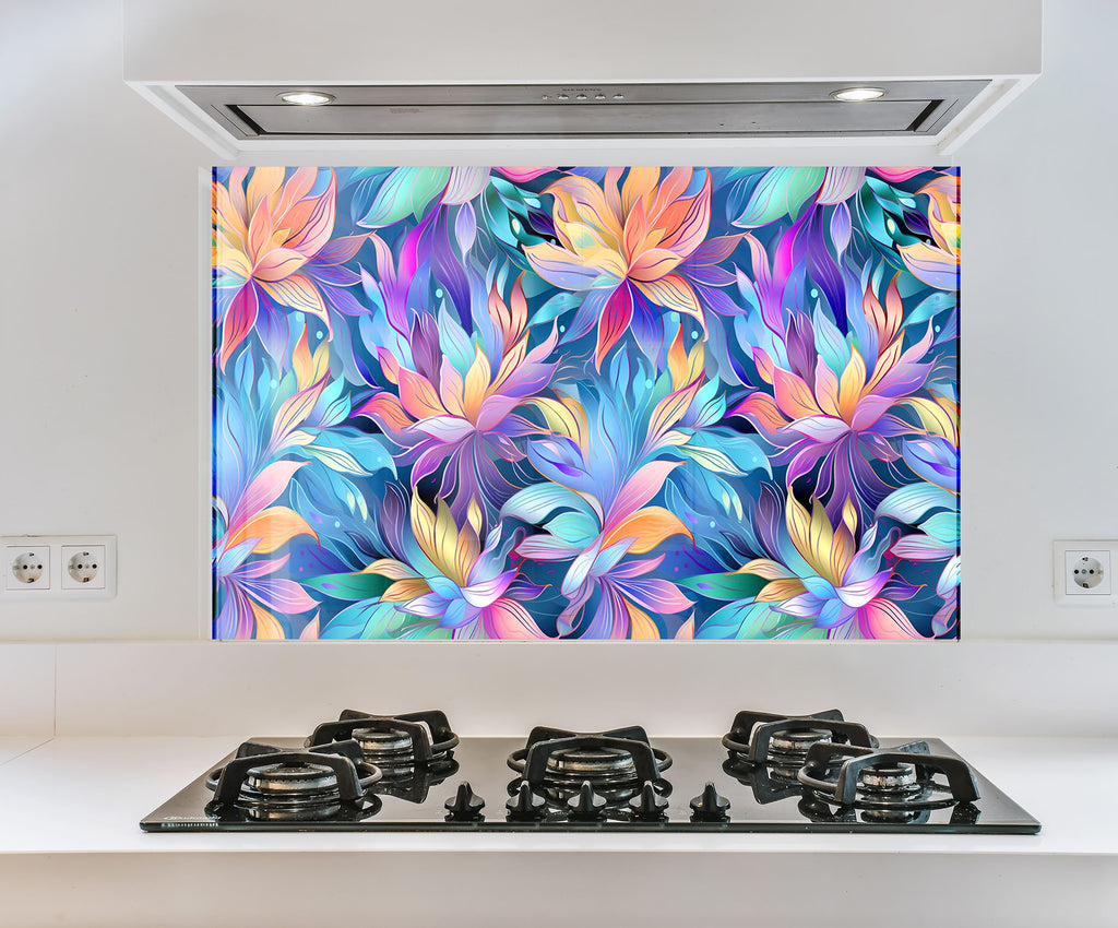 a painting of flowers on a wall behind a stove