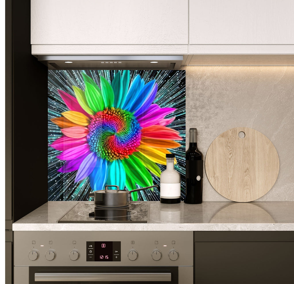 a picture of a colorful flower on a wall above a stove