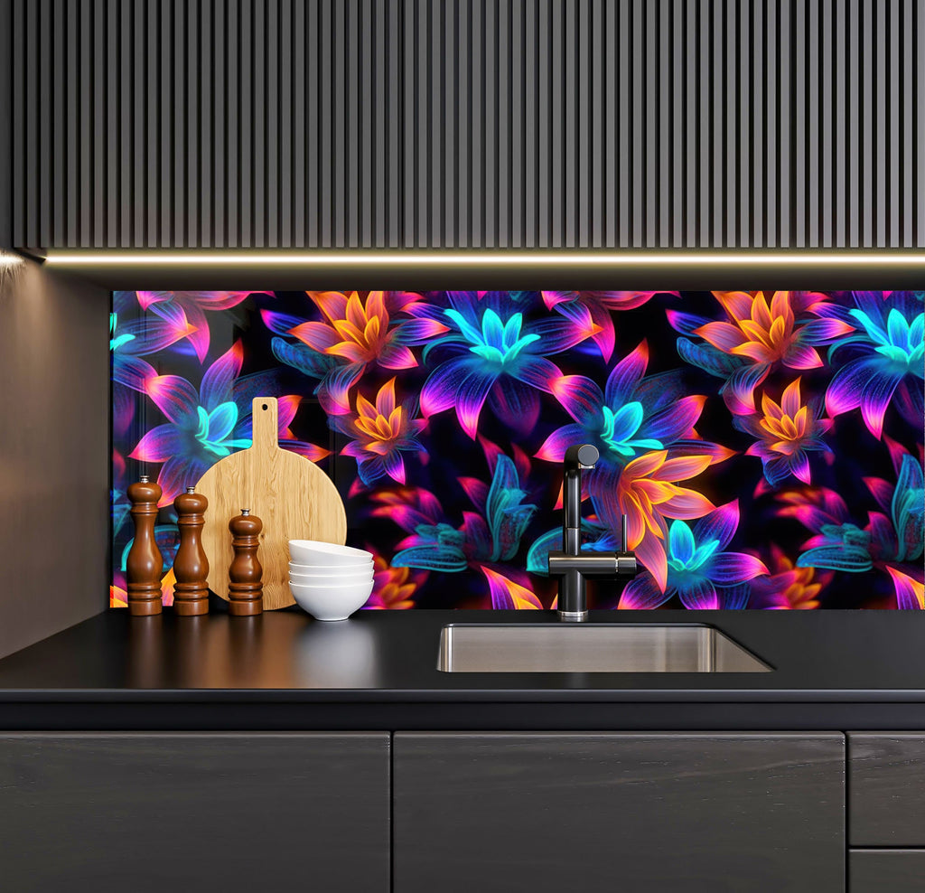 a kitchen with a sink and a colorful wallpaper