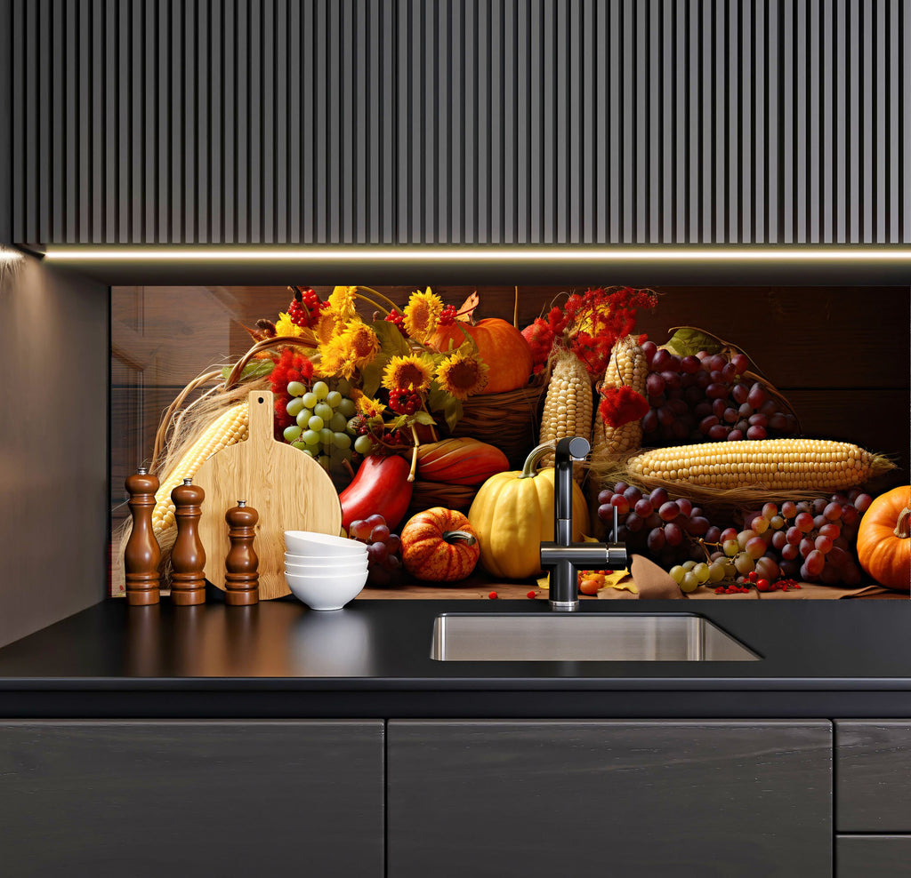 a kitchen with a sink and a bunch of fruits and vegetables