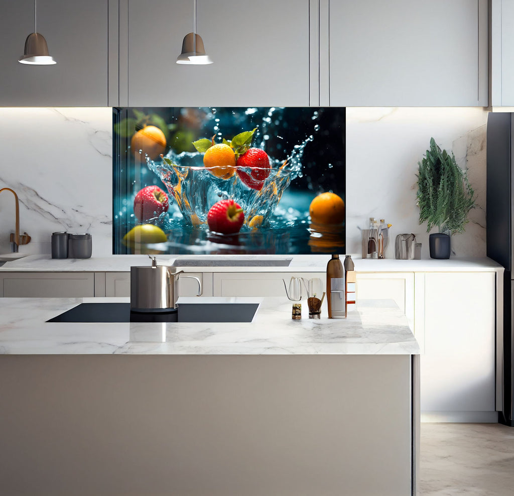 a kitchen with marble counter tops and a painting on the wall