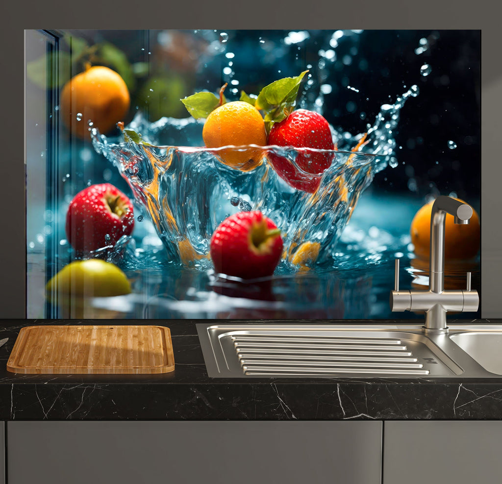 a kitchen counter with a sink and a picture of fruit