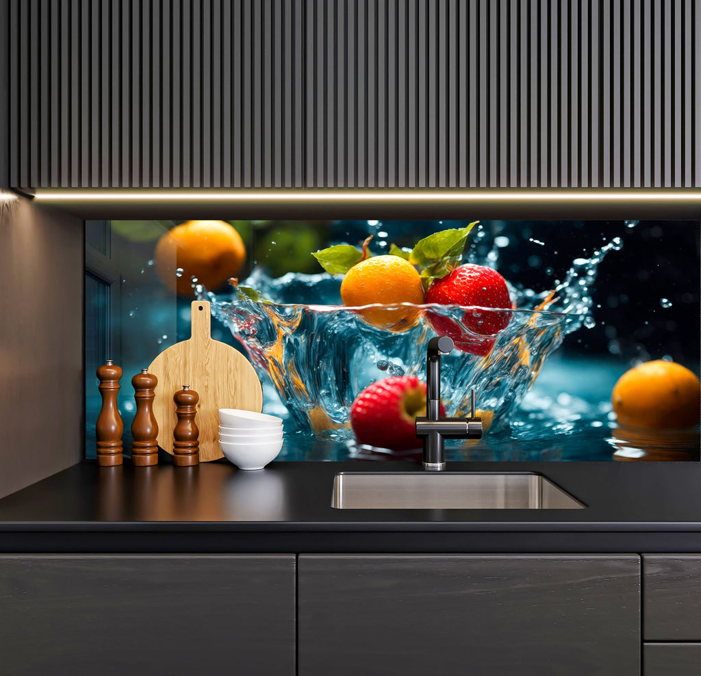 a kitchen with a sink, cutting board and fruit on the counter