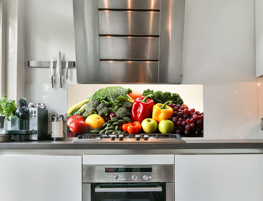 a bunch of fruits and vegetables sitting on top of a stove