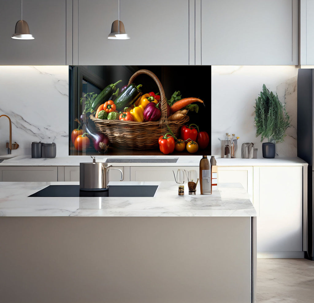 a painting of a basket of vegetables on a kitchen counter