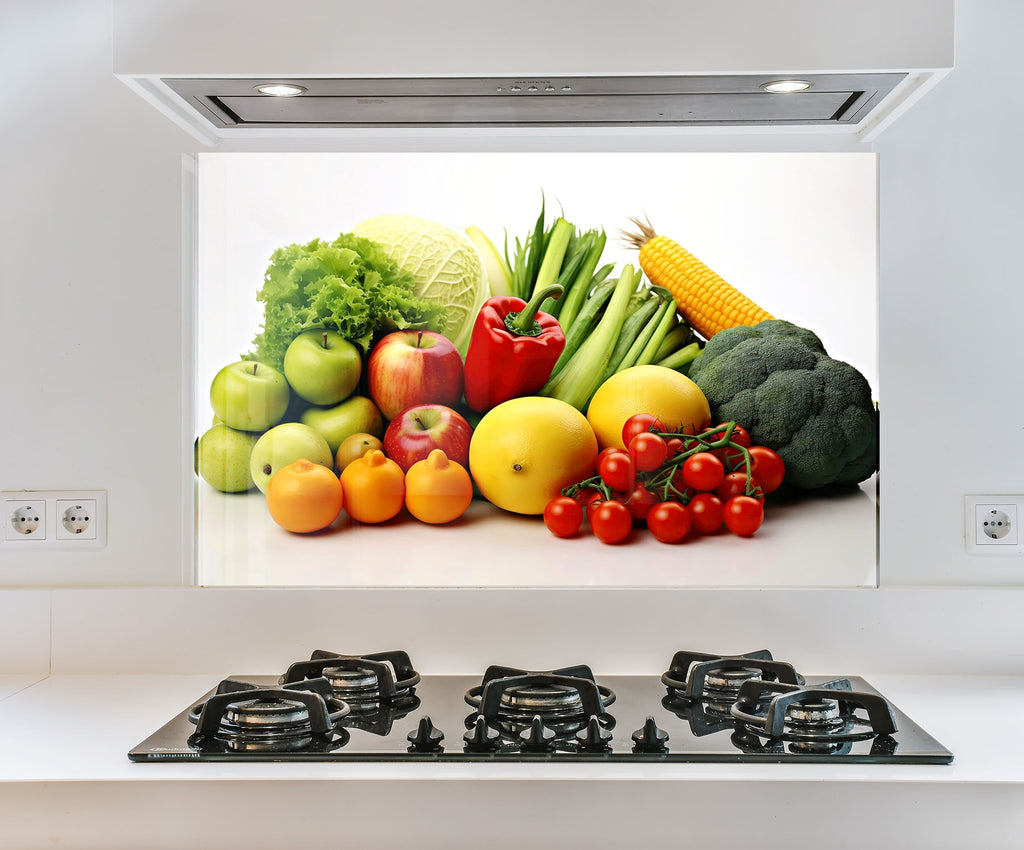 a painting of vegetables on a wall above a stove