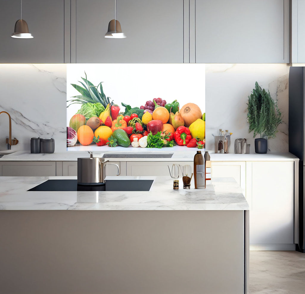 a kitchen with a large painting of fruit on the wall