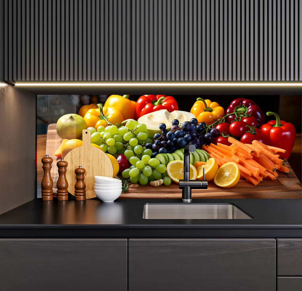 a bunch of fruits and vegetables on a cutting board