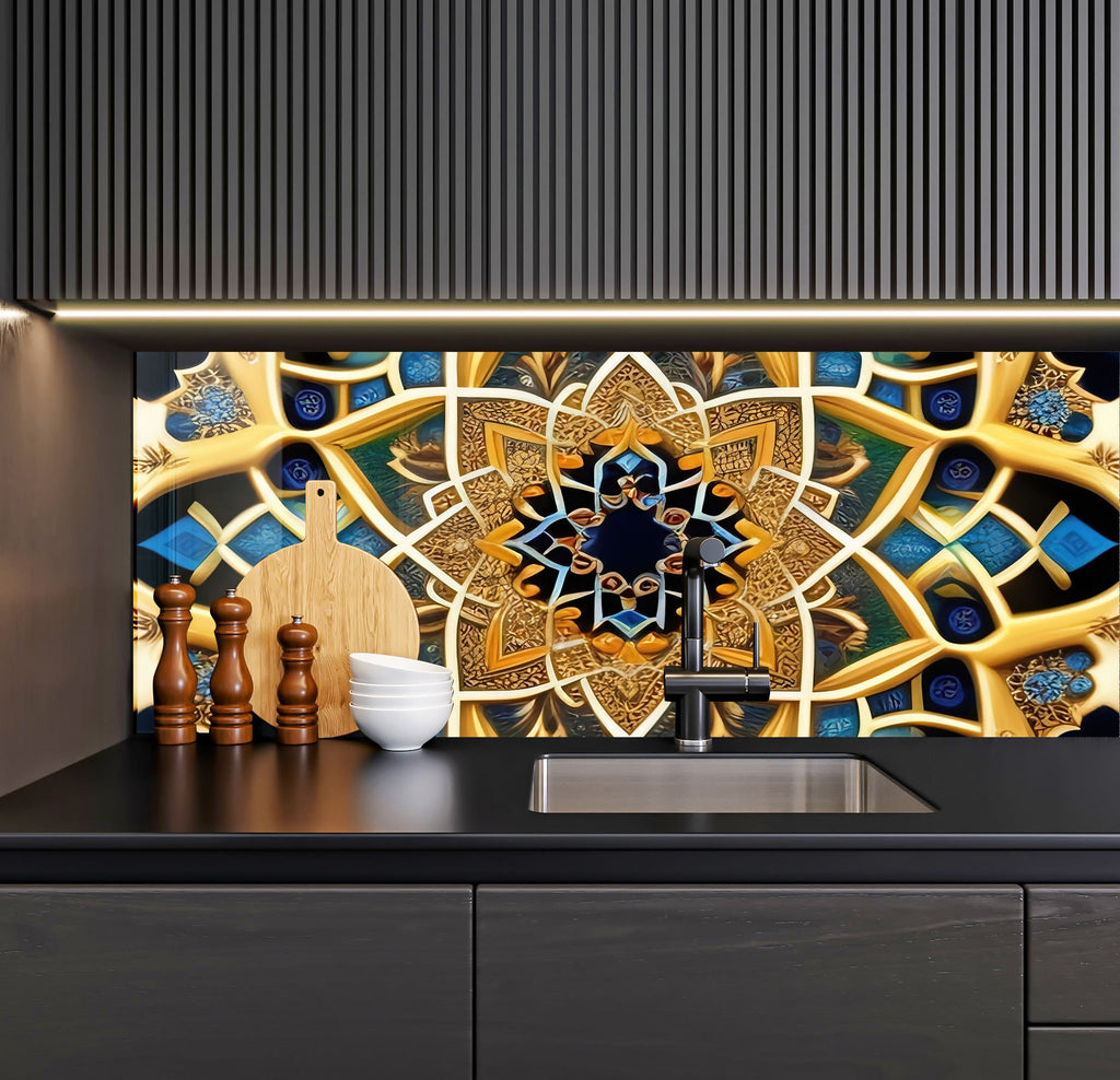 a kitchen counter with a sink and a decorative wall behind it