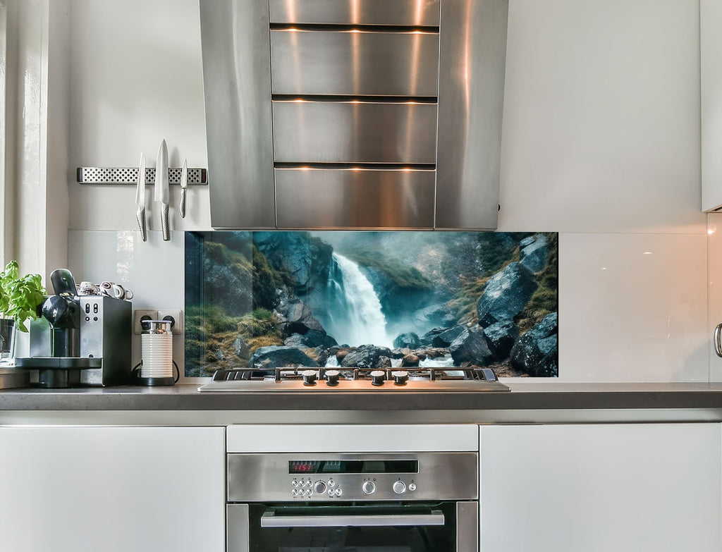 a kitchen with stainless steel appliances and a large picture on the wall