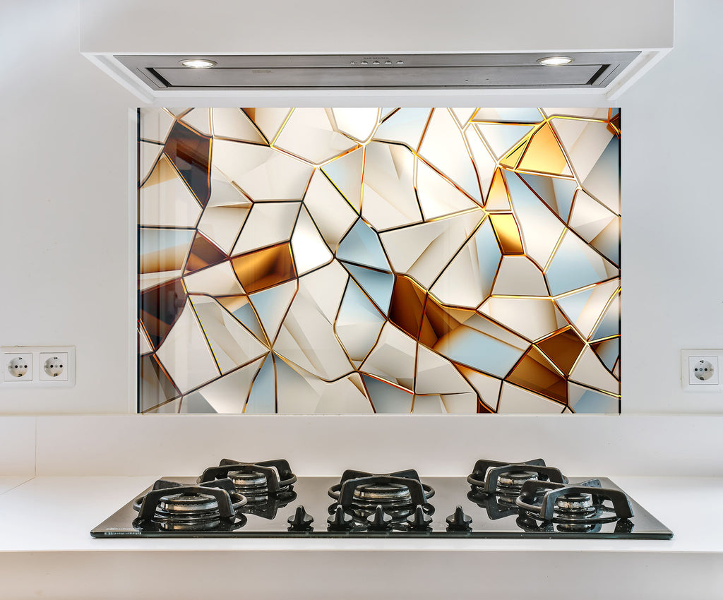 a kitchen with a stove top and a picture on the wall