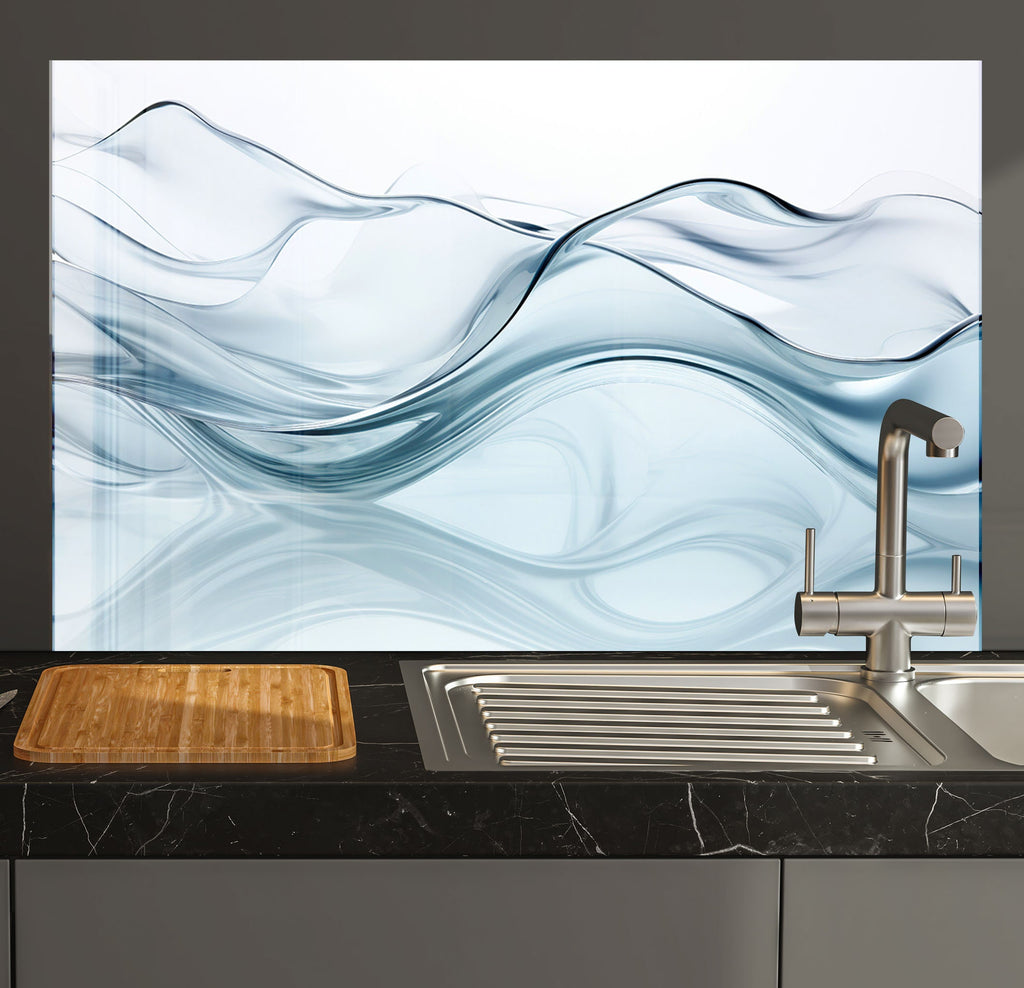 a kitchen counter with a sink and a cutting board