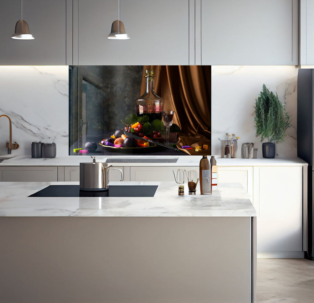 a kitchen with a marble counter top and white cabinets