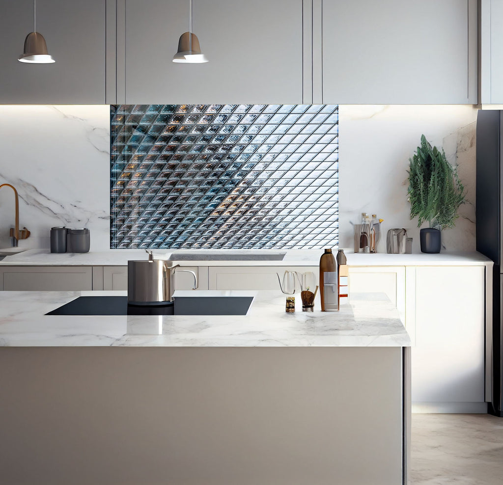 a kitchen with a marble counter top and a painting on the wall