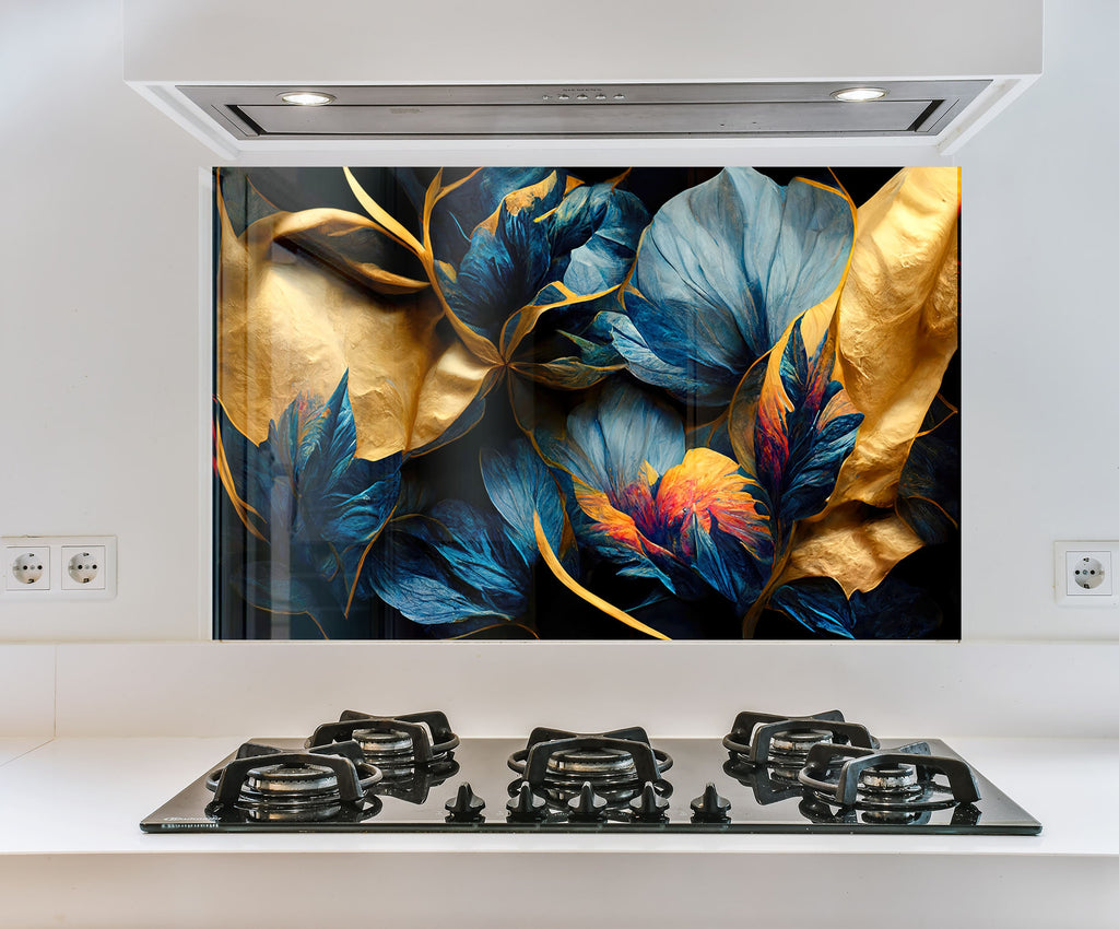 a picture of blue and yellow flowers on a wall above a stove