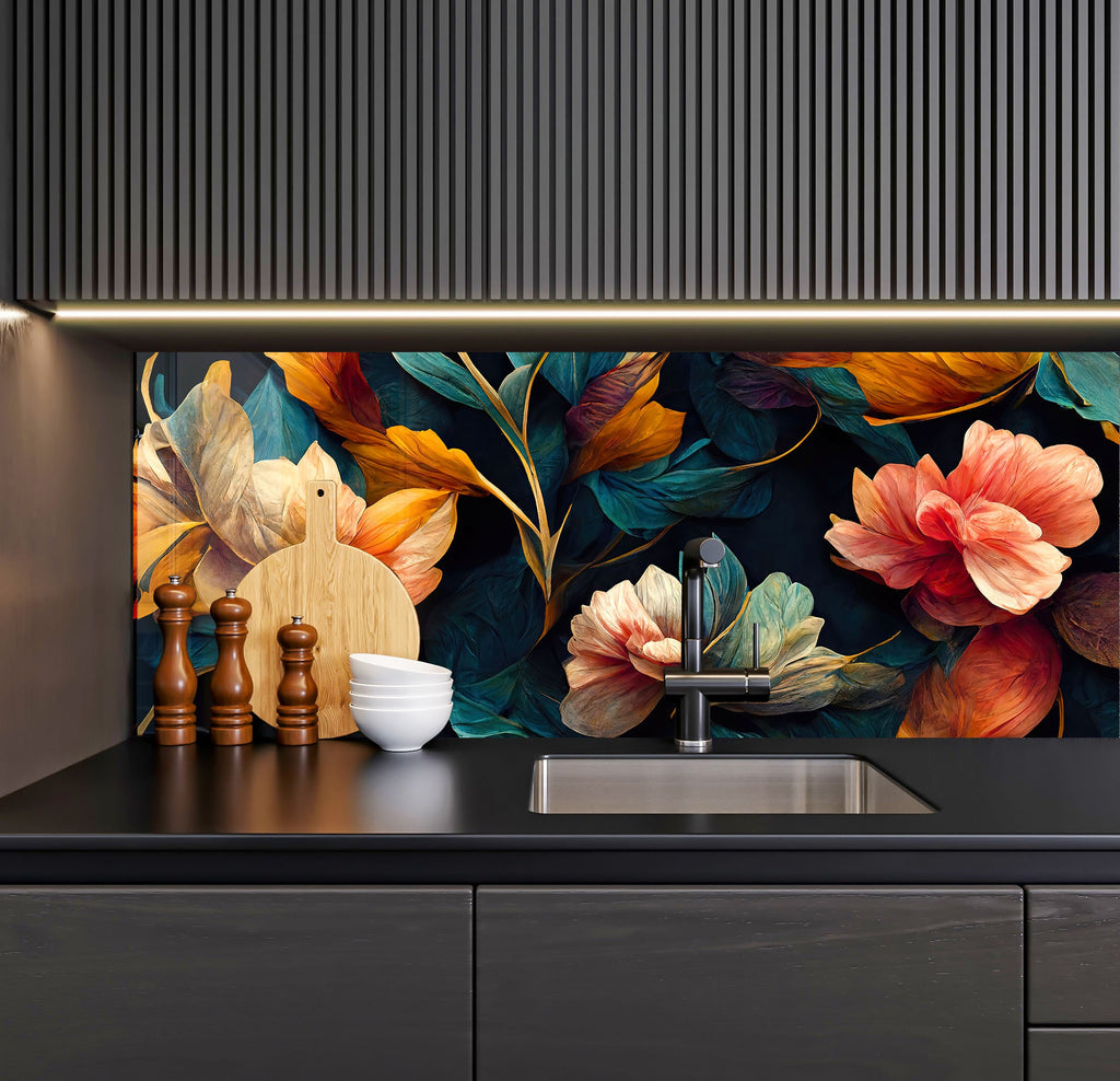 a kitchen with a floral wallpaper and a sink