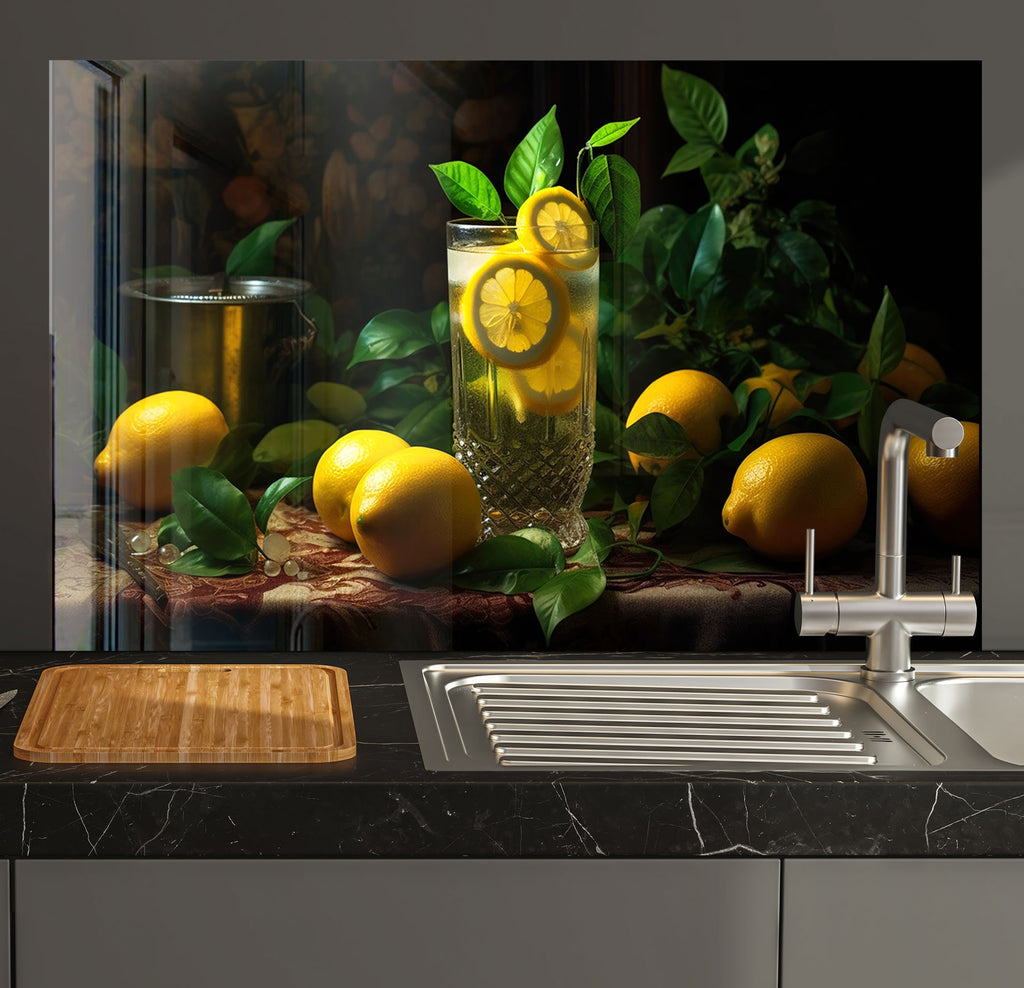 a kitchen counter with a sink and a cutting board