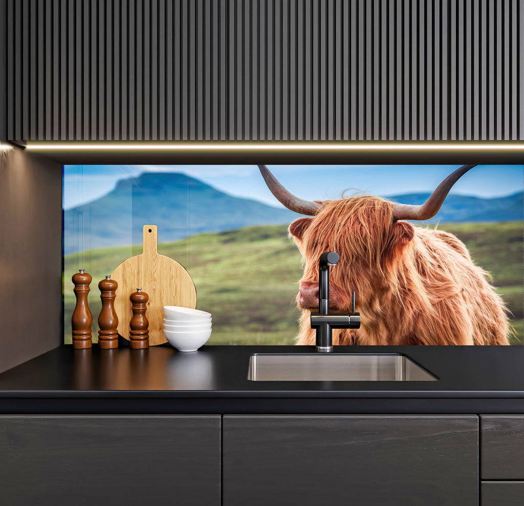 a picture of a highland cow on a wall behind a kitchen sink