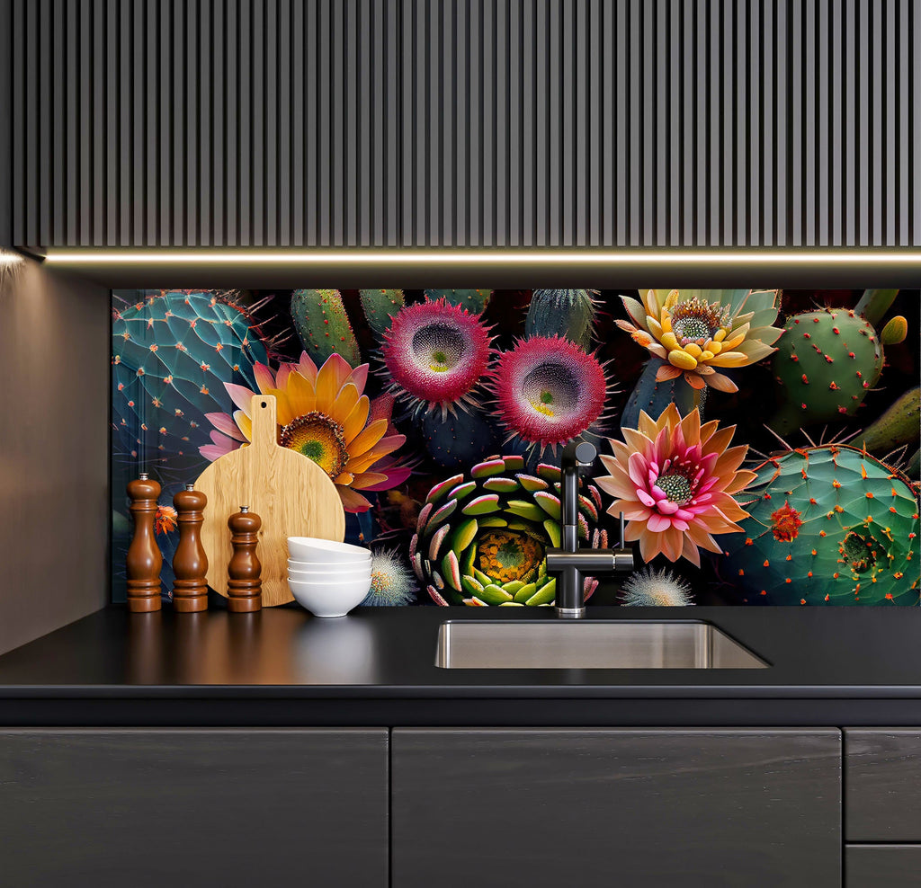 a kitchen counter with a sink and cactus wallpaper