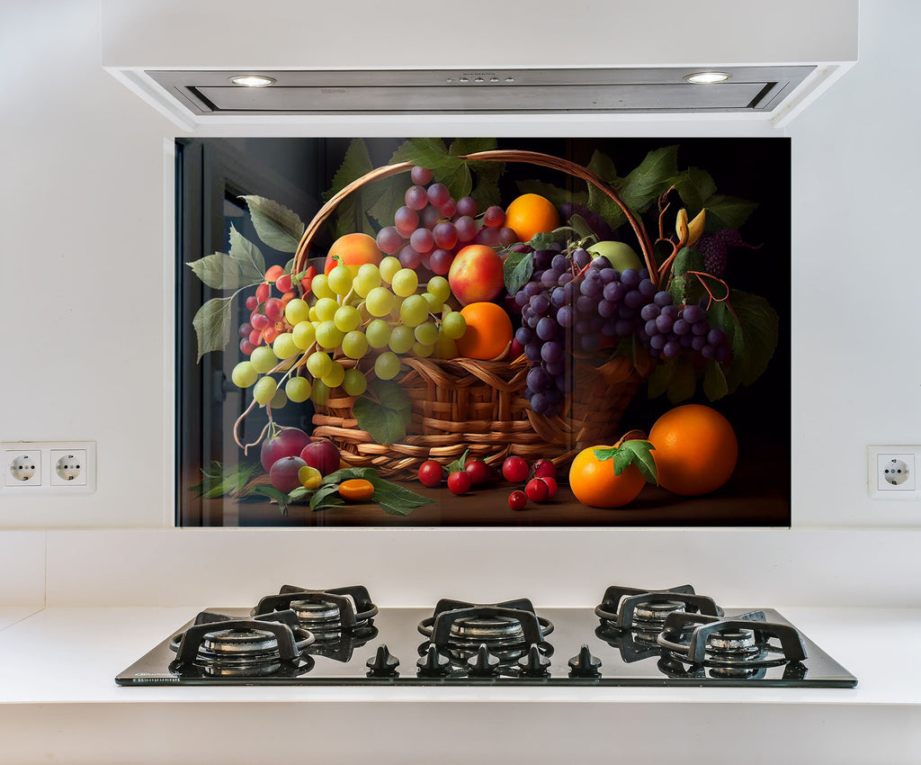 a painting of a basket of fruit on a stove