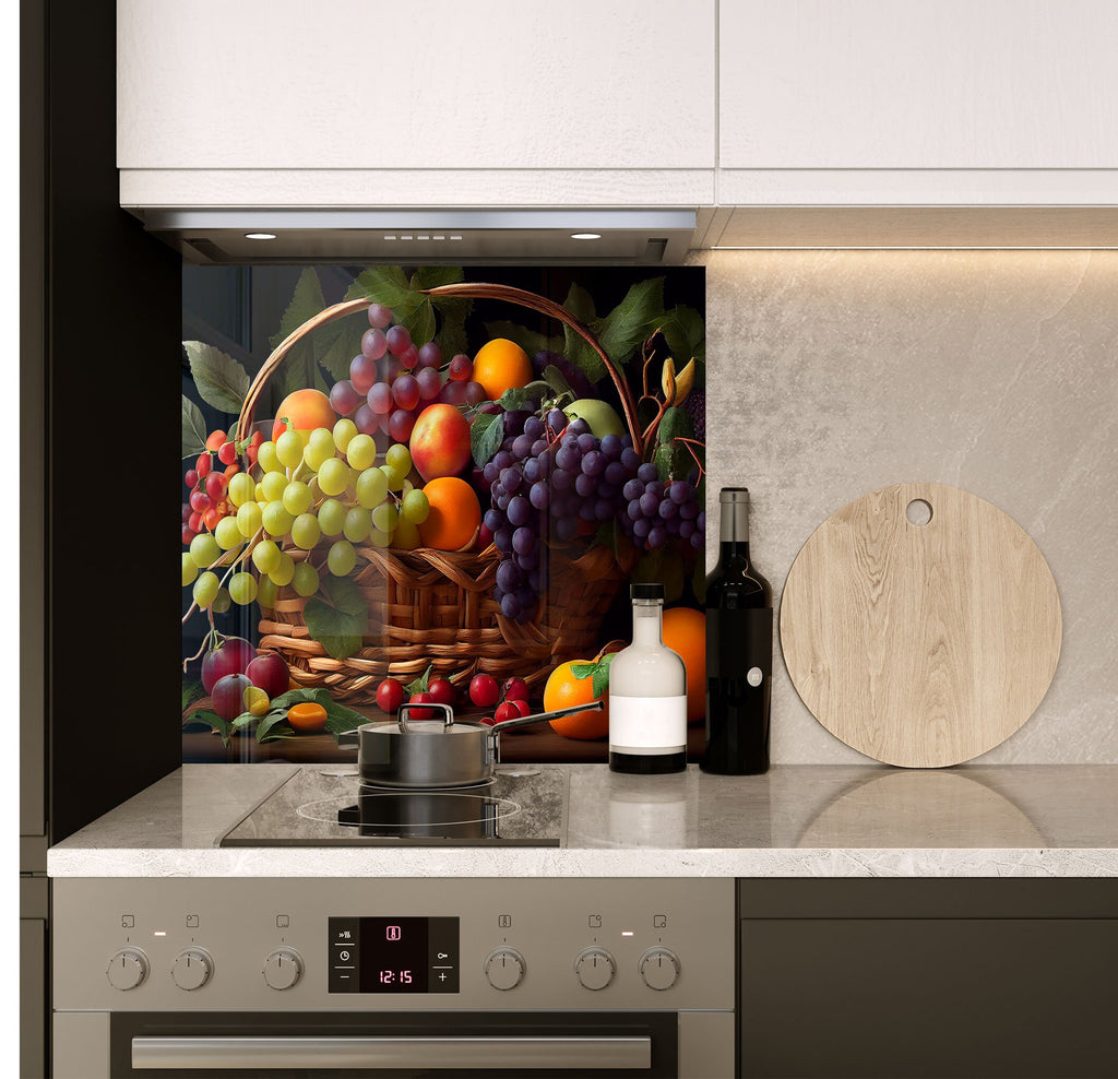 a painting of a basket of fruit on a kitchen counter