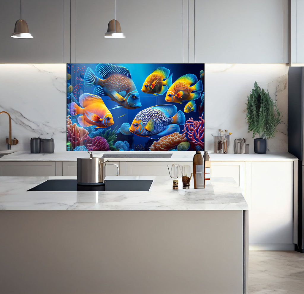 a kitchen with a painting of fish on the wall