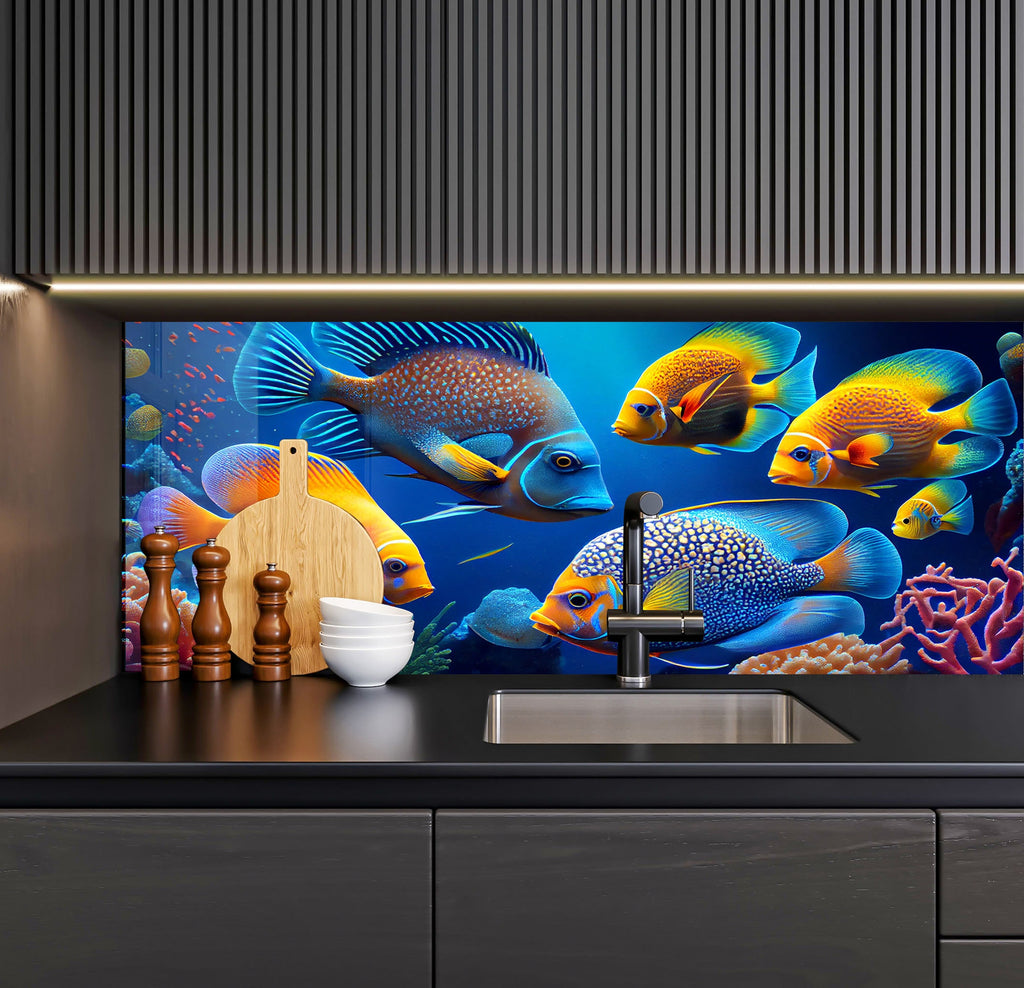 a kitchen with a painting of fish on the wall