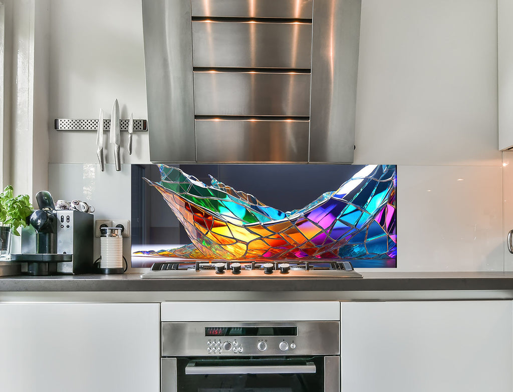 a kitchen with a stove top oven and a tv