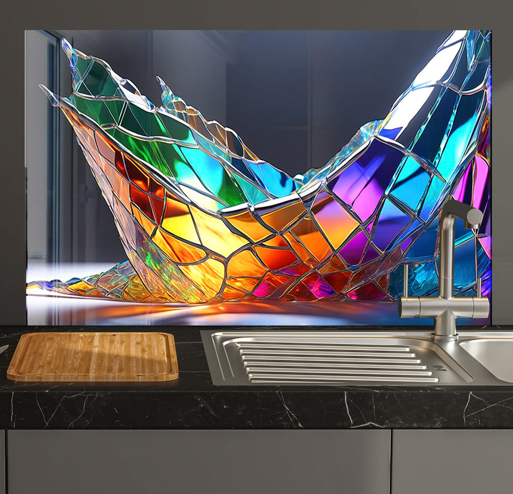 a kitchen sink with a colorful glass sculpture on top of it