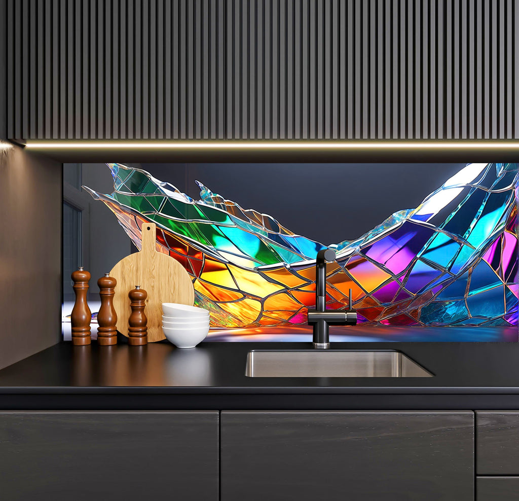 a kitchen with a sink and a large colorful glass piece on the wall